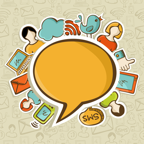 Social networks icons around the speech bubble over seamless pattern. Vector illustration layered for easy manipulation and custom coloring.