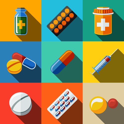 Medicine, drugs flat icons set with long shadow - pillsbox and tablets, pill, blister, vitamins, syringe, liquid medicine.